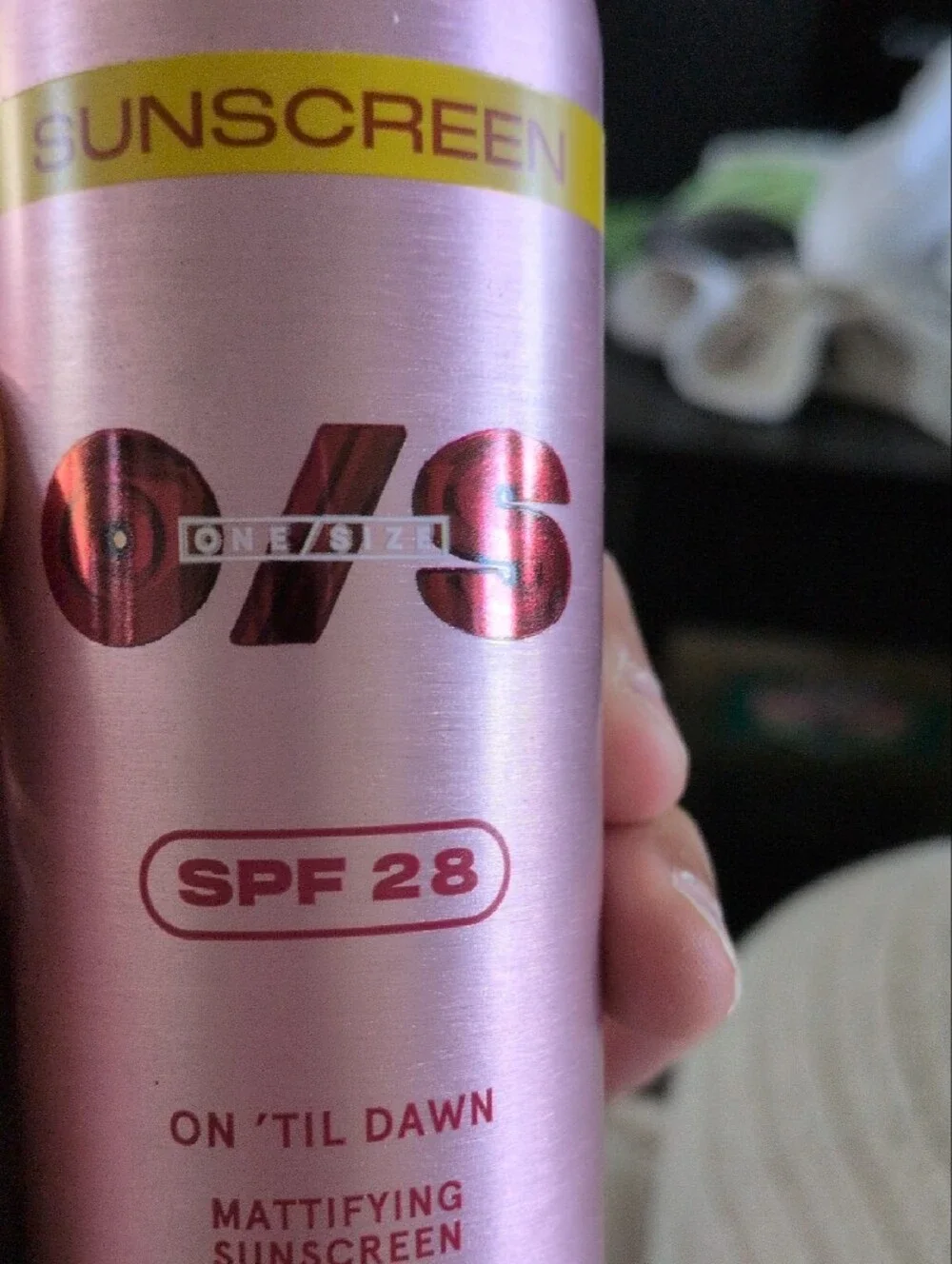 ONE/SIZE Mattifying Sunscreen Makeup Setting Spray in Pink with Yellow Accent